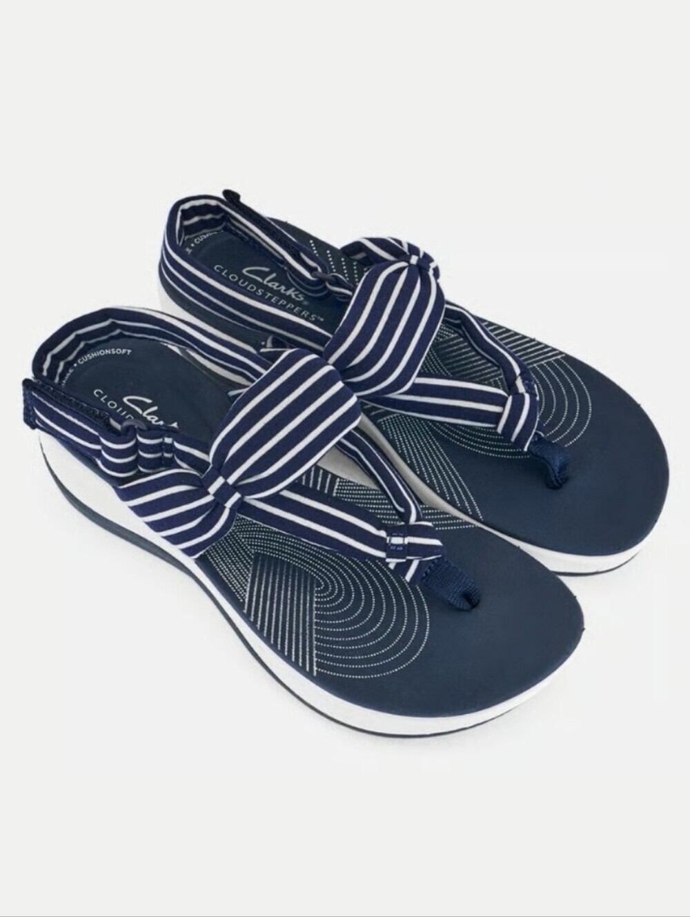 Clarks Cloudsteppers Women Arla Nicole Navy Blue White Striped Sandals Shoes 9